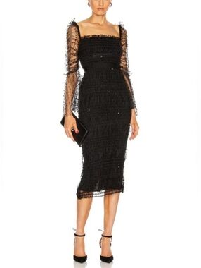 Self Portrait Black Dot Mesh Midi Dress Size 4 NWT